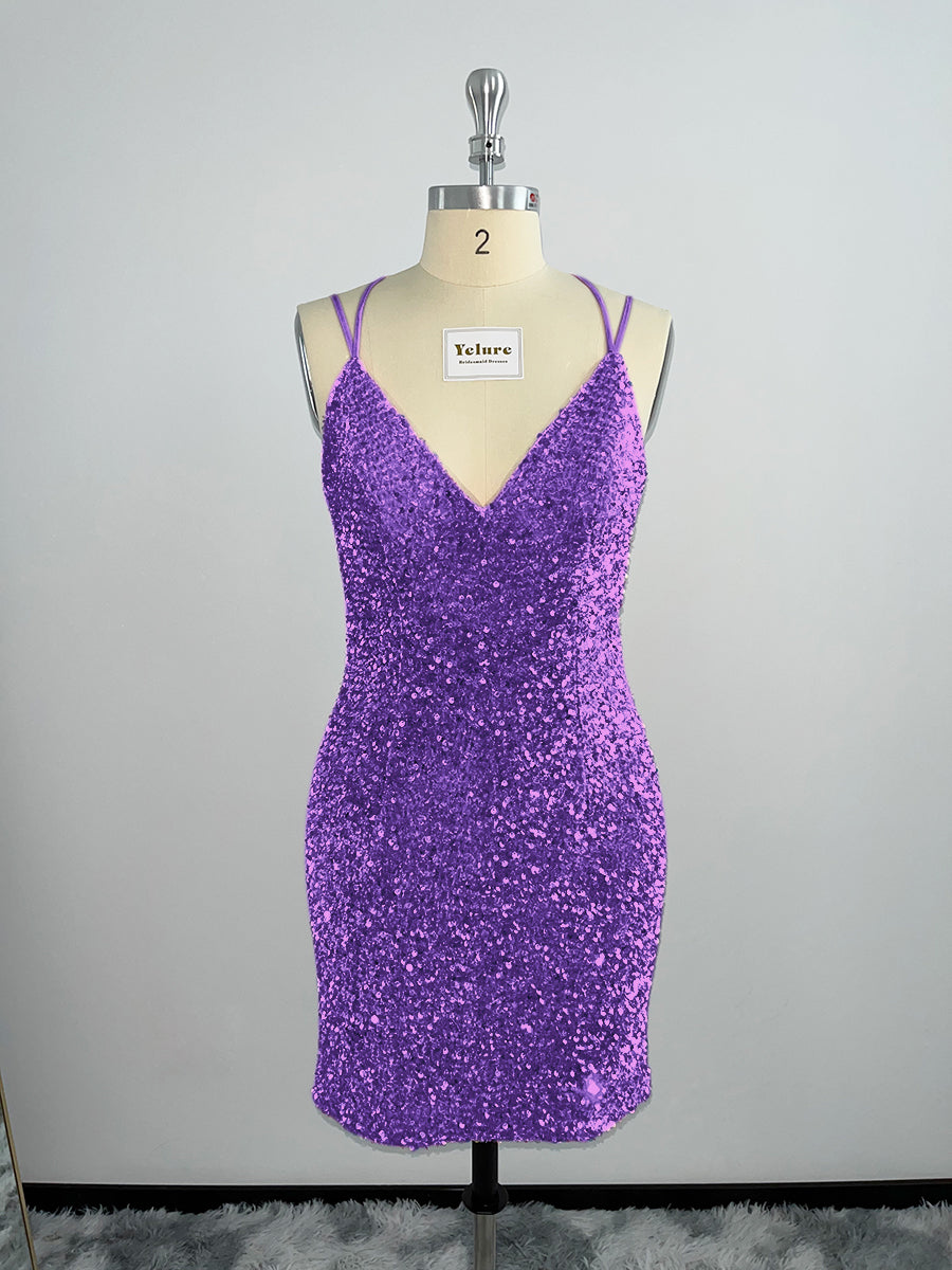 Velvet Sequin V Neck Tight Homecoming Dresses With Criss Corss Back