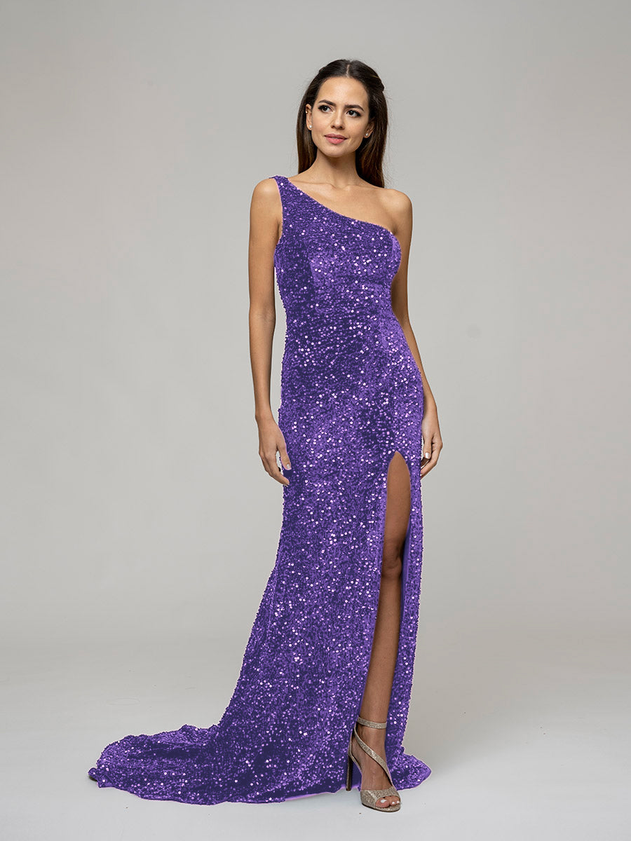 Open Back Sparkly Sequin Fitted Prom Dresses With Split