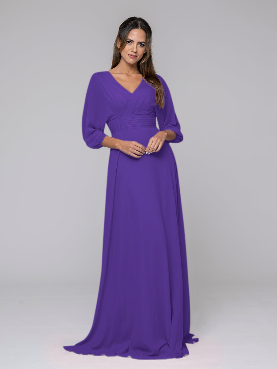 3/4 Lantern Sleeve V Neck Chiffon A Line Bridesmaid Dresses