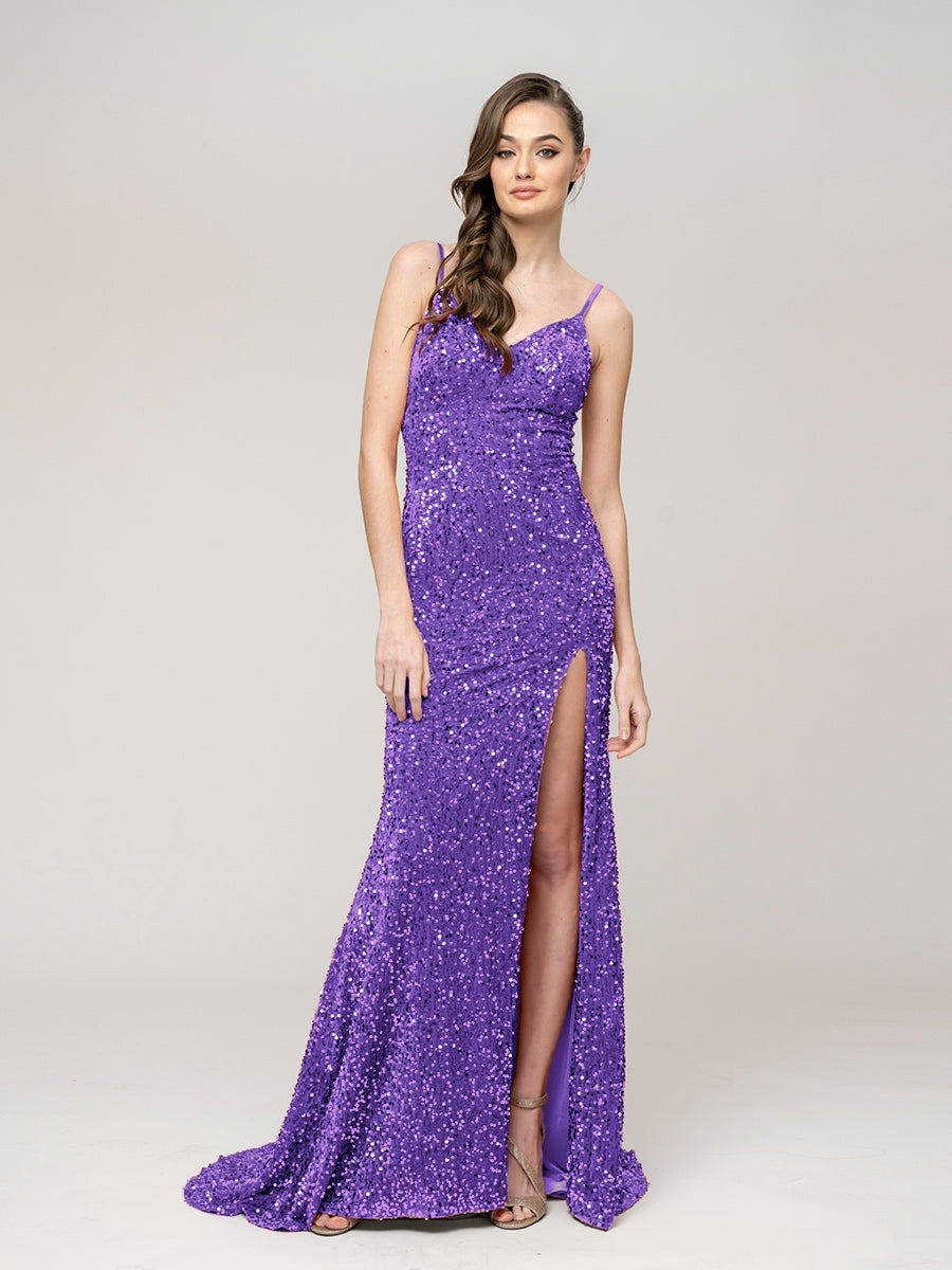 Sequin Spaghetti Strap Open Back Fitted Prom Dresses