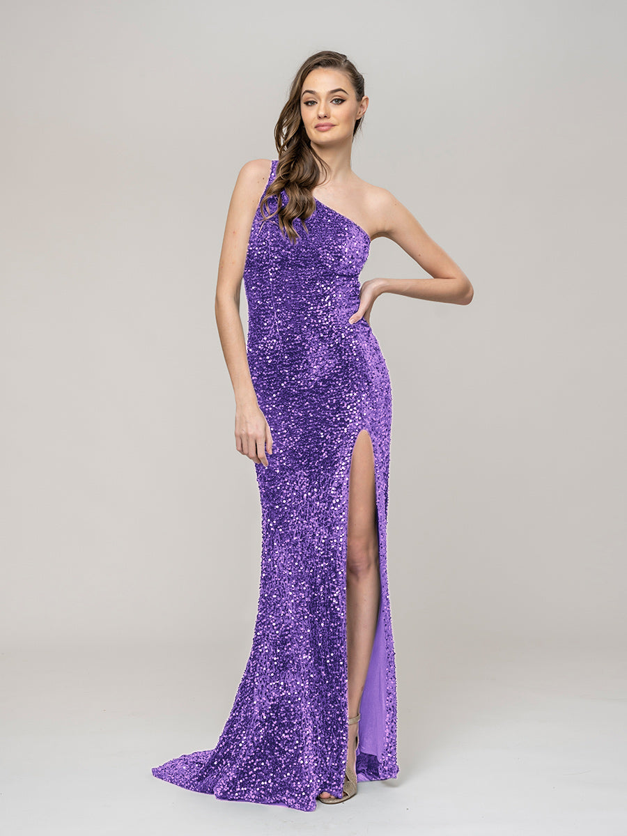 All Over Sequin One Shoulder Fitted Long Prom Dresses