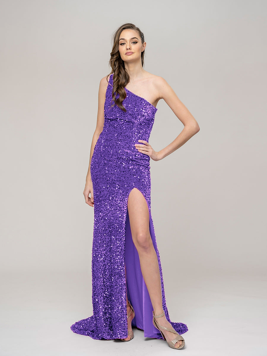 Side Split Sequin One Shoulder Fitted Long Prom Dresses