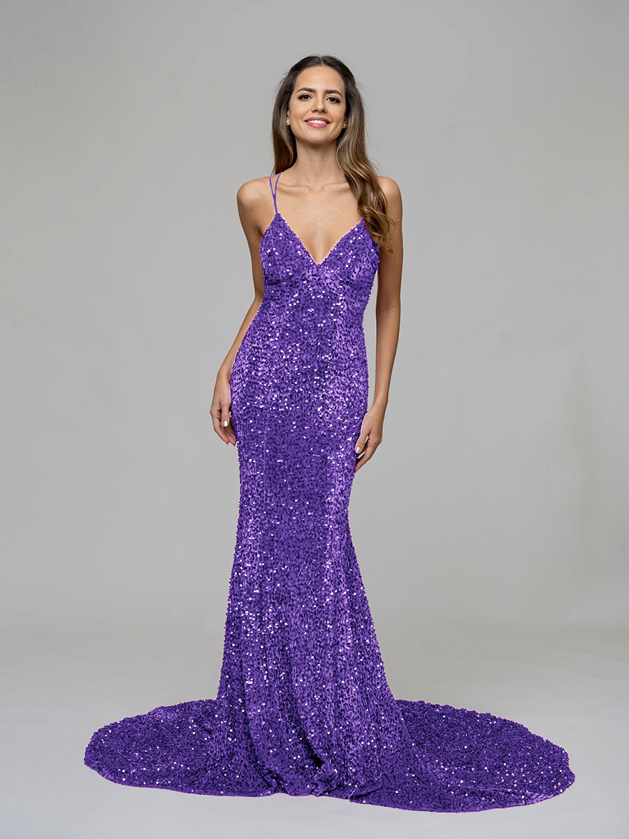 Criss Cross Back Fitted Sparkly Sequin Prom Dresses