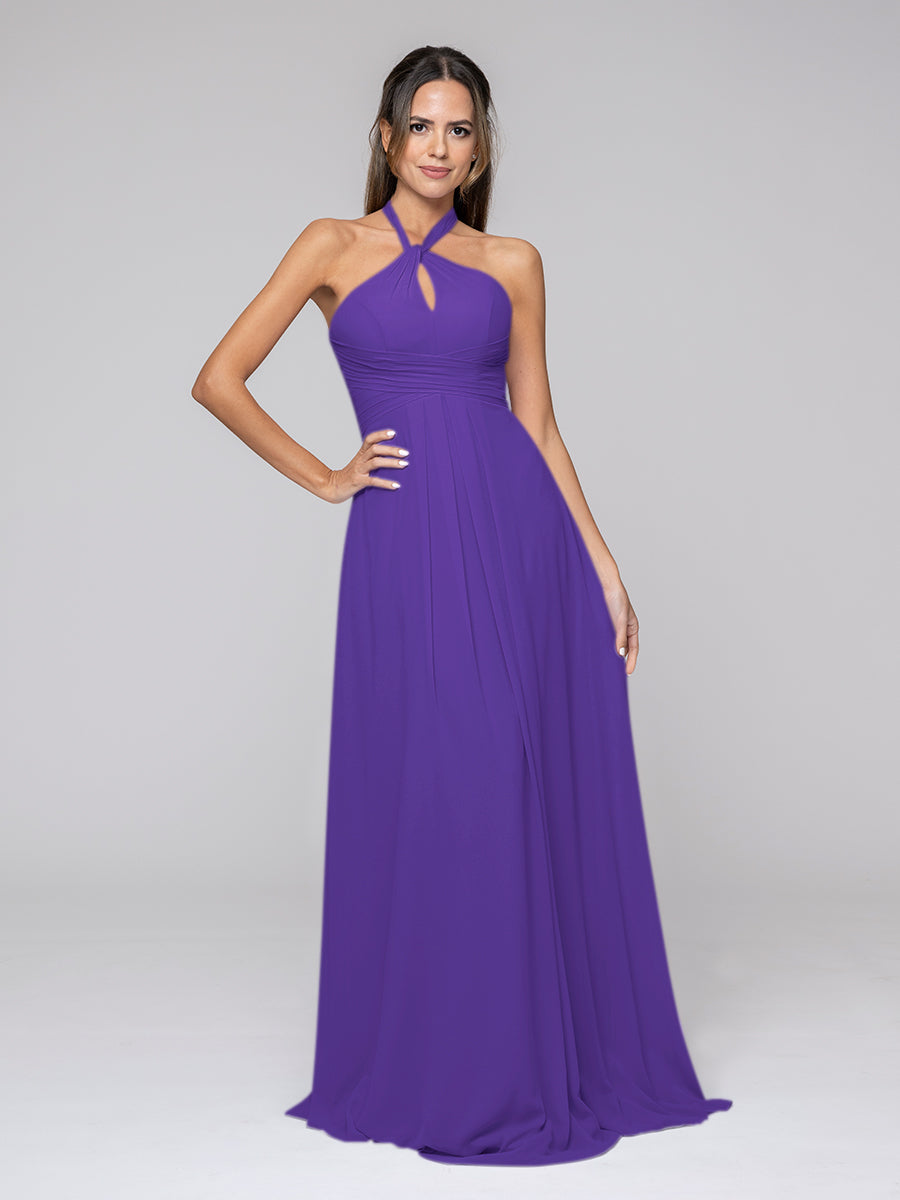 Tie-neck Halter Sleeveless Wedding Bridesmaid Dresses With Ruched Waist