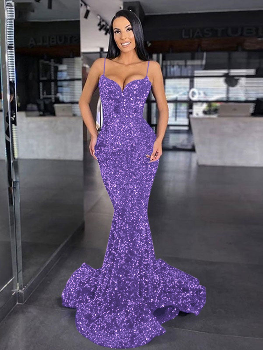 Mermaid Spaghetti Straps Sleeveless Long Sweep Train Velvet Sequin Prom Dress