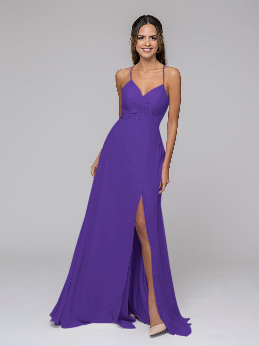 Split Sweetheart Chiffon Long Bridesmaid Dresses With Crisscross Back