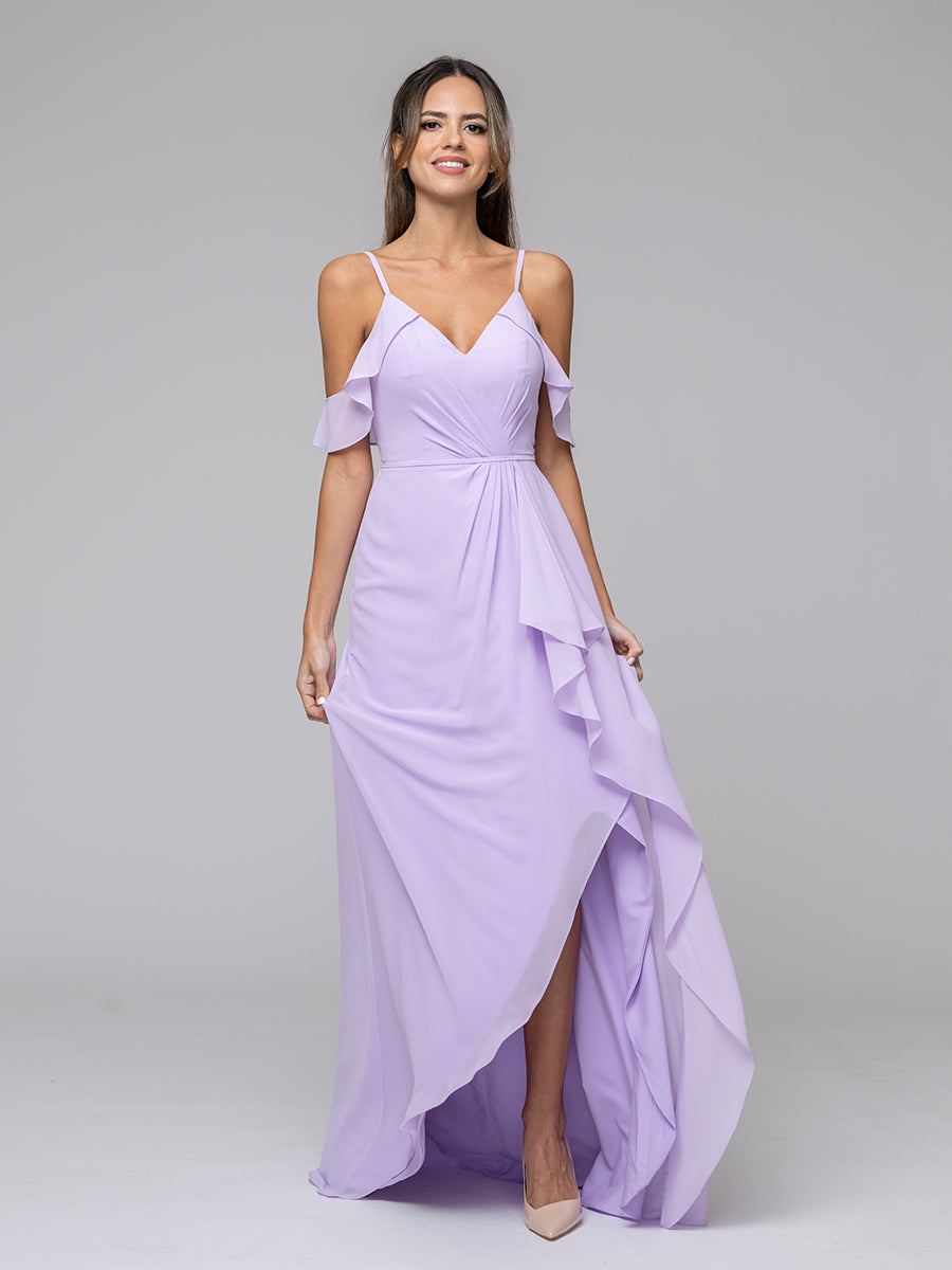 Lilac Cold Shoulder Chiffon Open Back High Low Bridesmaid Dresses