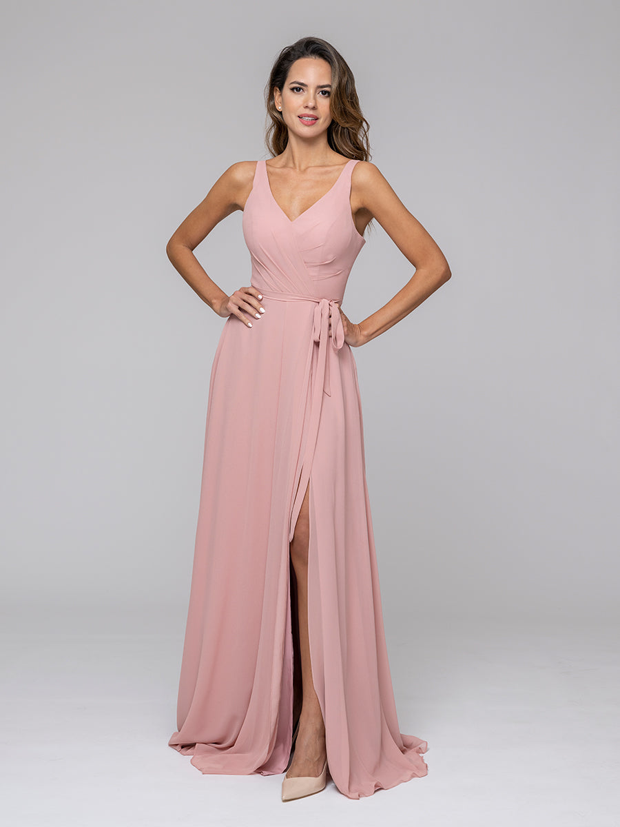 Straps Long Chiffon Bridesmaid Dresses With Side Slit