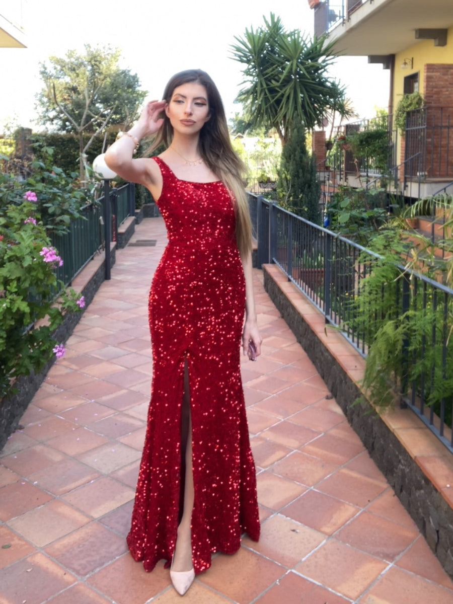 Sexy Fitted Square Sleeveless Long Floor Length Velvet Sequin Prom Dress