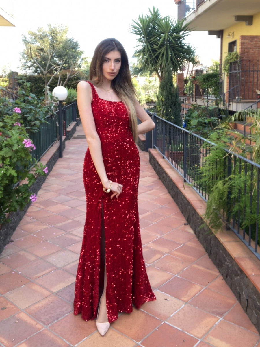 Sexy Fitted Square Sleeveless Long Floor Length Velvet Sequin Prom Dress