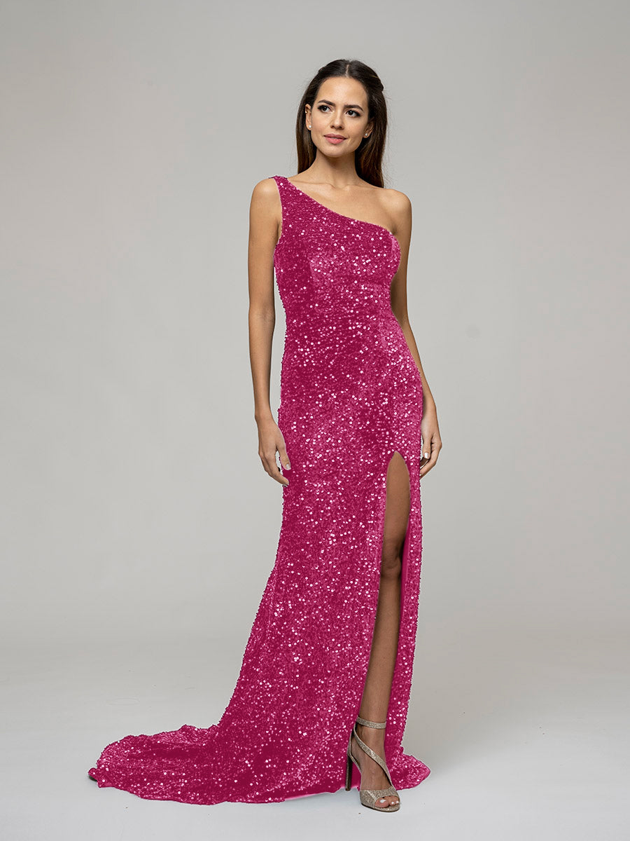 Open Back Sparkly Sequin Fitted Prom Dresses With Split