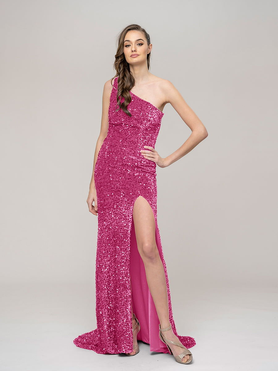 Side Split Sequin One Shoulder Fitted Long Prom Dresses