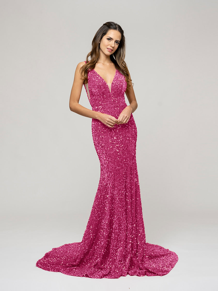 V Neck and Back Sequin Fitted Sweep Train Prom Dresses