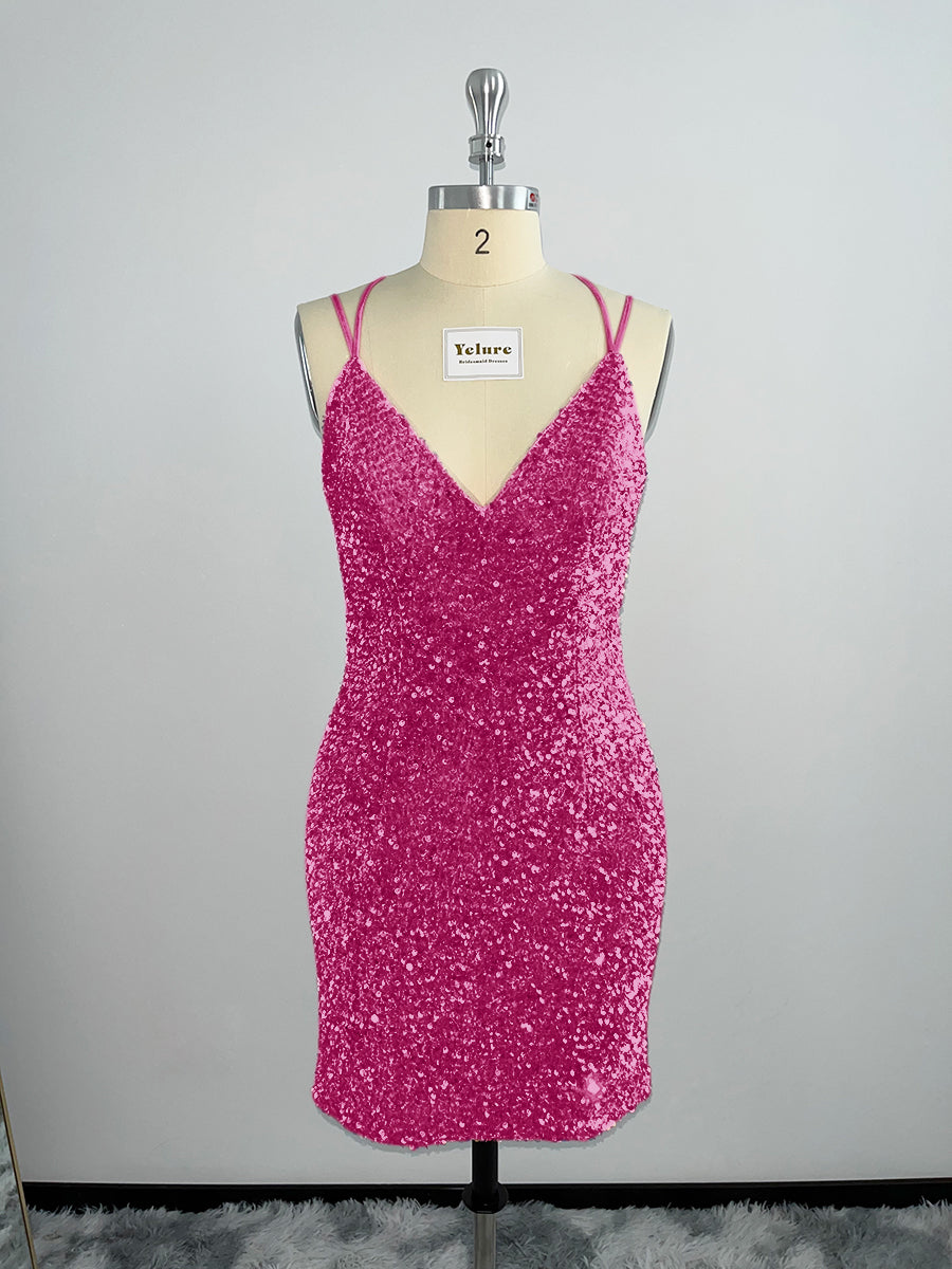 Velvet Sequin V Neck Tight Homecoming Dresses With Criss Corss Back