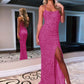 Sheath Spaghetti Straps Sleeveless Long Velvet Sequin Prom Dress