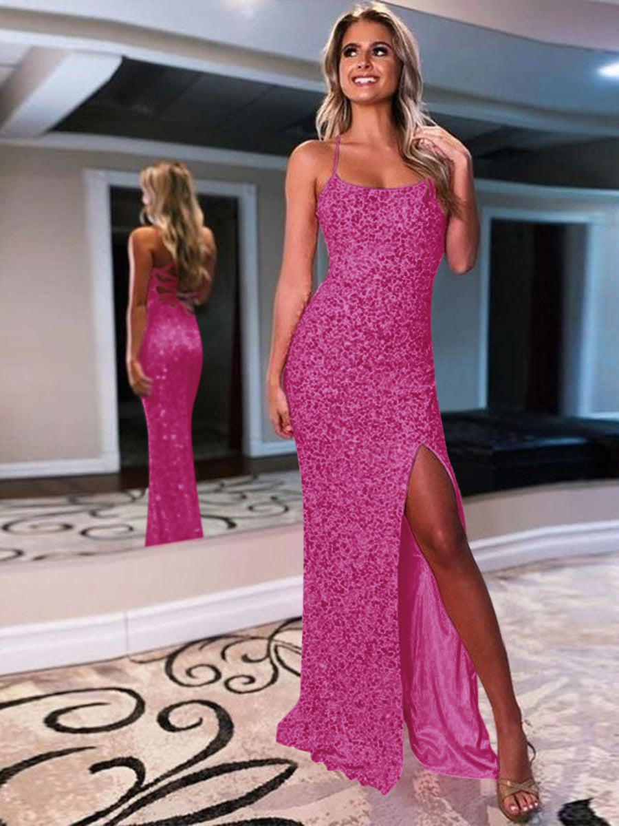 Sheath Spaghetti Straps Sleeveless Long Velvet Sequin Prom Dress
