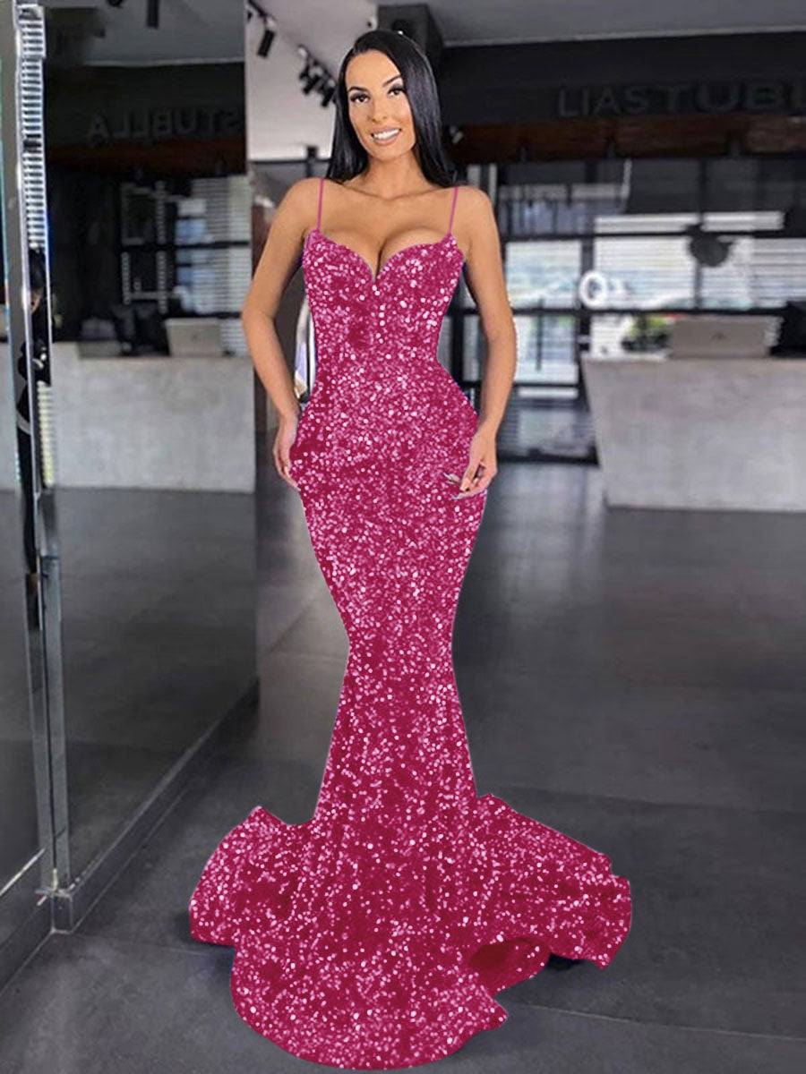 Mermaid Spaghetti Straps Long Velvet Sequin Sexy Prom Dress 2023 – Yelure UK