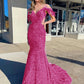 Sheath Cold Shoulder Sleeveless Long Velvet Sequin Prom Dress