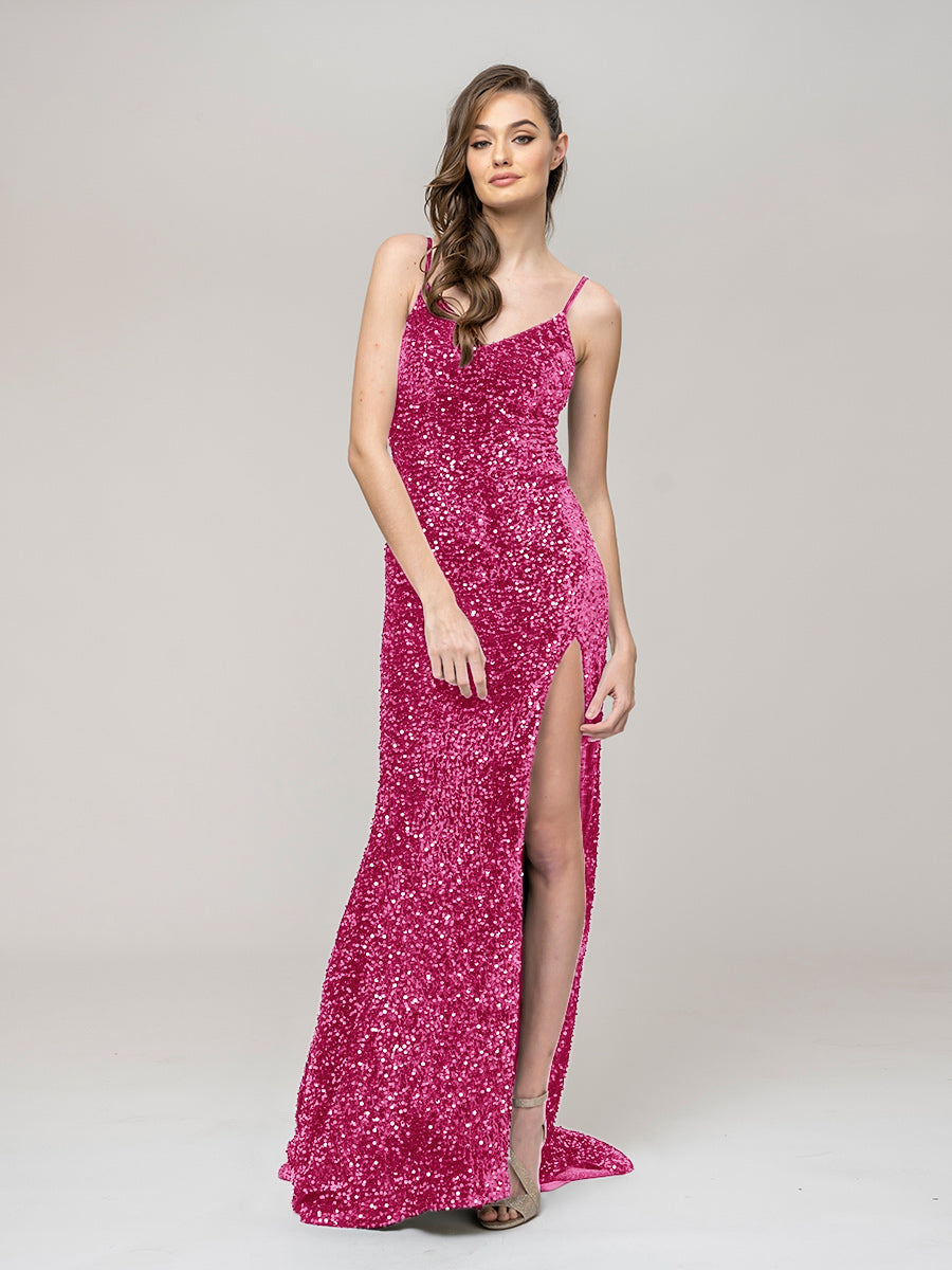 V Neck Sequin Fitted Prom Dress With Sweep Train