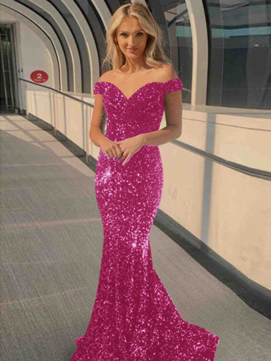 Mermaid Off the Shoulder Sexy Long Velvet Sequin Prom Dress