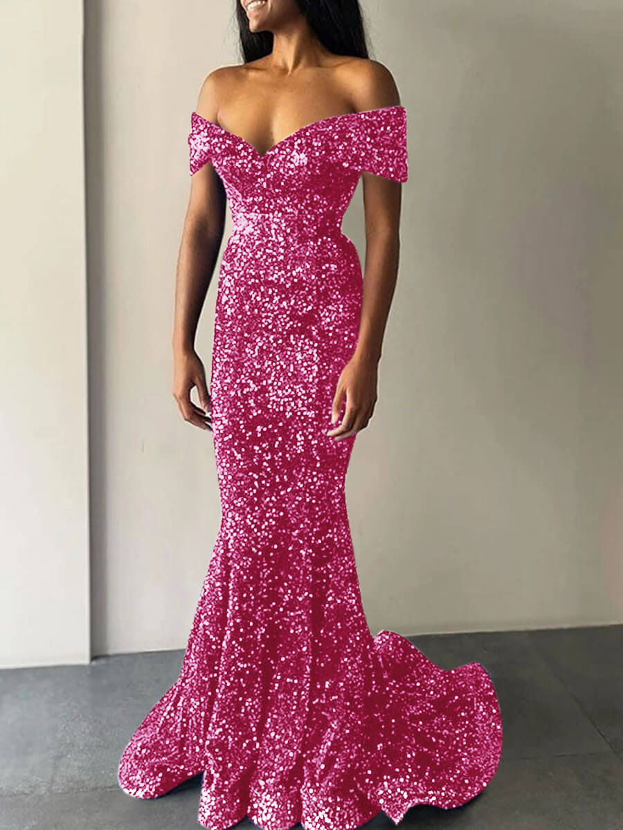 Mermaid Off the Shoulder Sleeveless Sweep Train Velvet Sequin Prom Dress