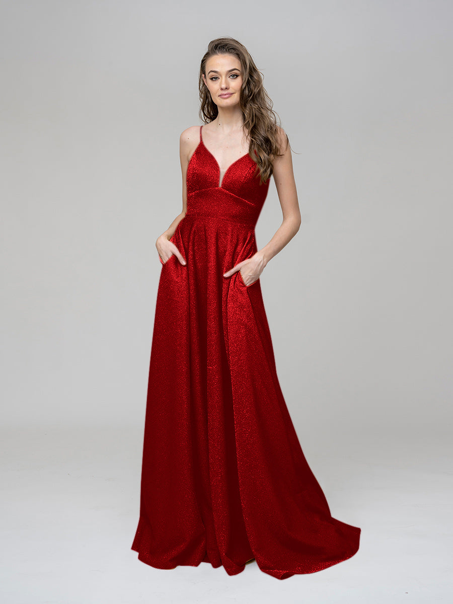 Metallic Glitter V Neck A Line Prom Dresses With Pockets
