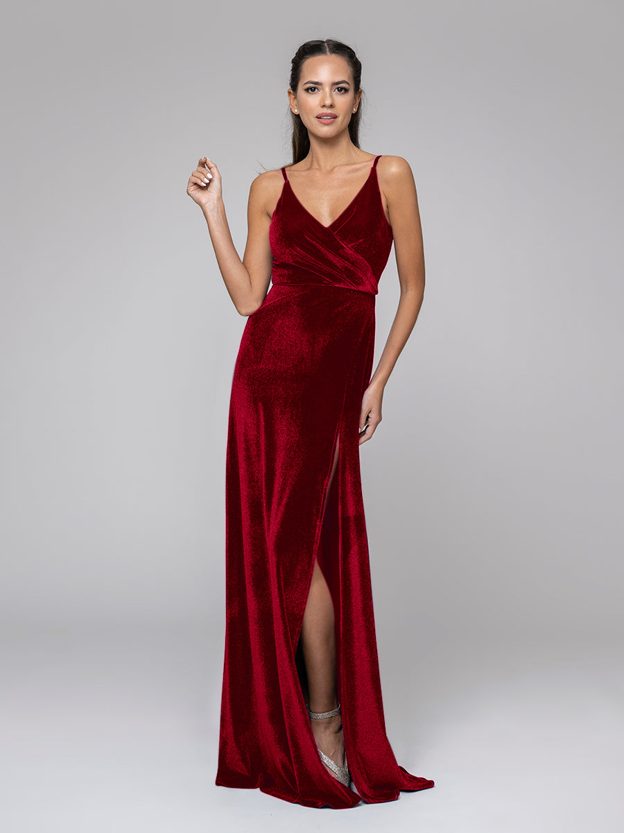 V Neck Velvet Sheath Bridal Party Dresses With Slit