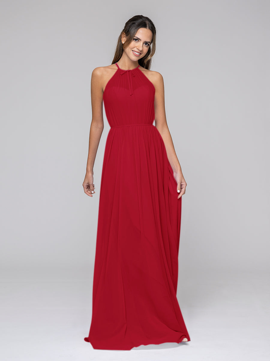 Long Chiffon Halter Bridal Party Dresses With Pleated Bodice