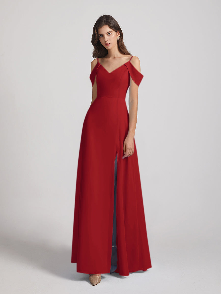 Chiffon Cold Shoulder V Neck Bridesmaid Dresses With Slit