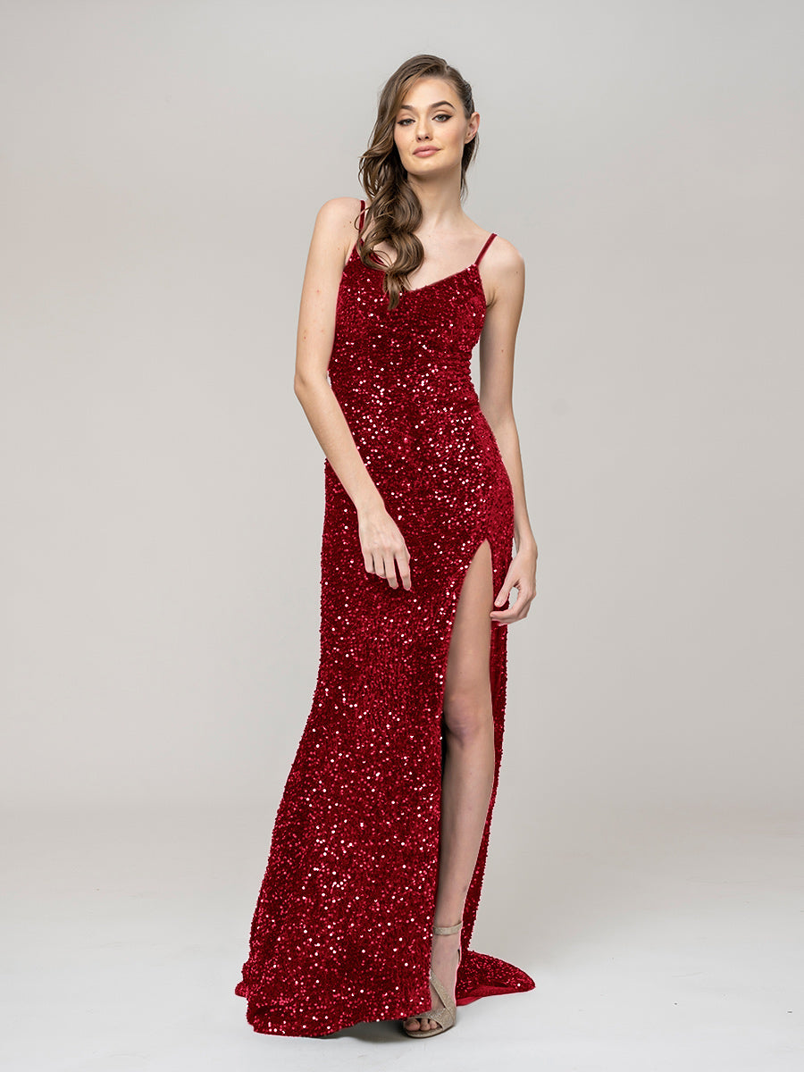 V Neck Sequin Fitted Prom Dress With Sweep Train