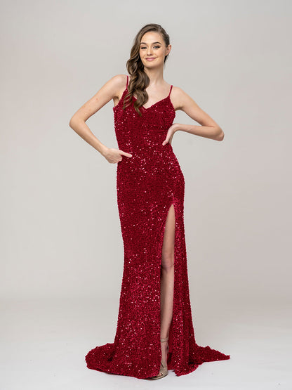 Spaghetti Strap Open Back Sequin Fitted Prom Dresses