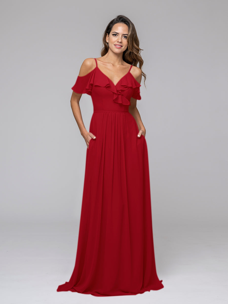 Cold Shoulder Open Back Chiffon Ruffles Long Bridesmaid Dresses