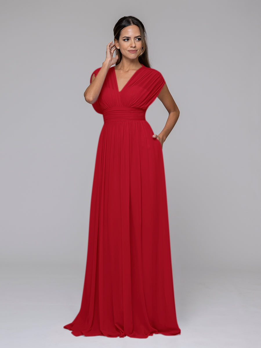 Chiffon V Neck Cap Sleeve Floor Length Bridesmaid Dresses