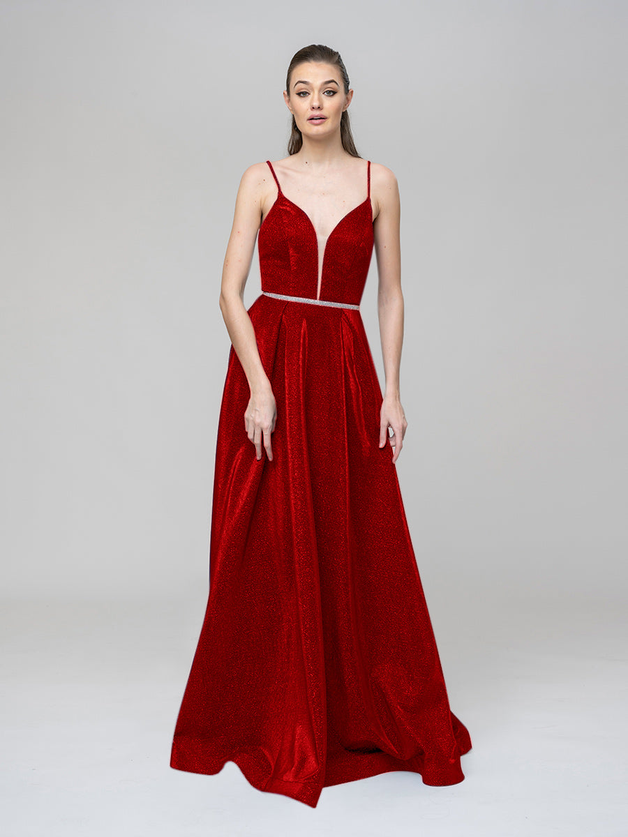 Plunging V Neck Criss Cross Back A Line Prom Dresses