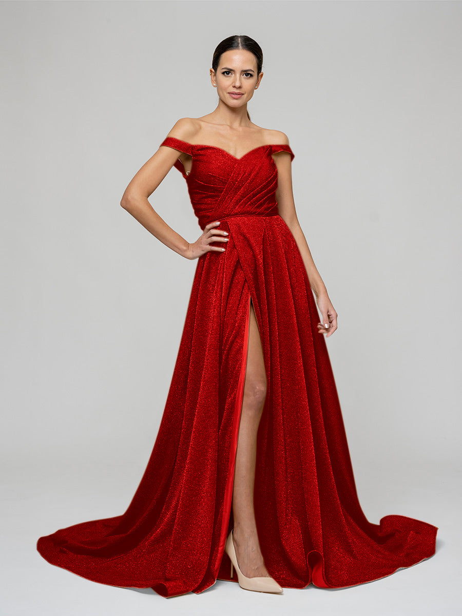 Off The Shoulder A Line Prom Dresses With Front Slit