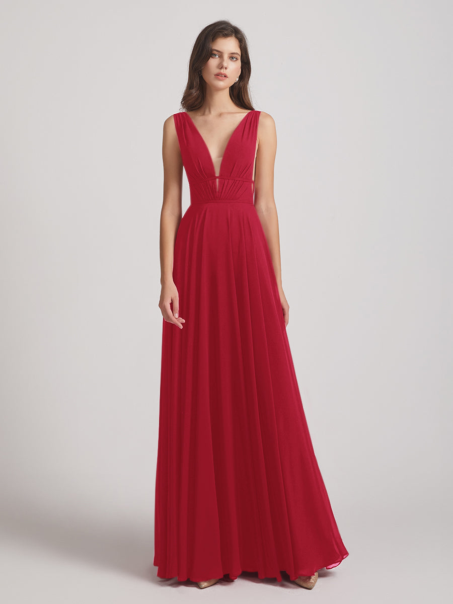 Plunging V Neck Chiffon Bridesmaid Dresses With Low Back