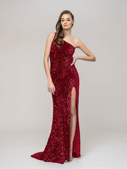 All Over Sequin One Shoulder Fitted Long Prom Dresses