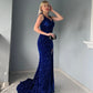 Velvet Sequin Slit V Neck Mermaid Prom Dresses