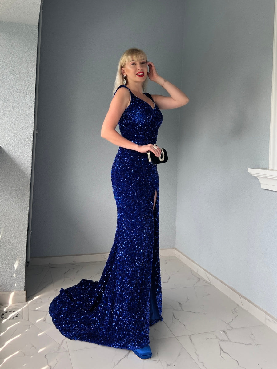 Velvet Sequin Slit V Neck Mermaid Prom Dresses