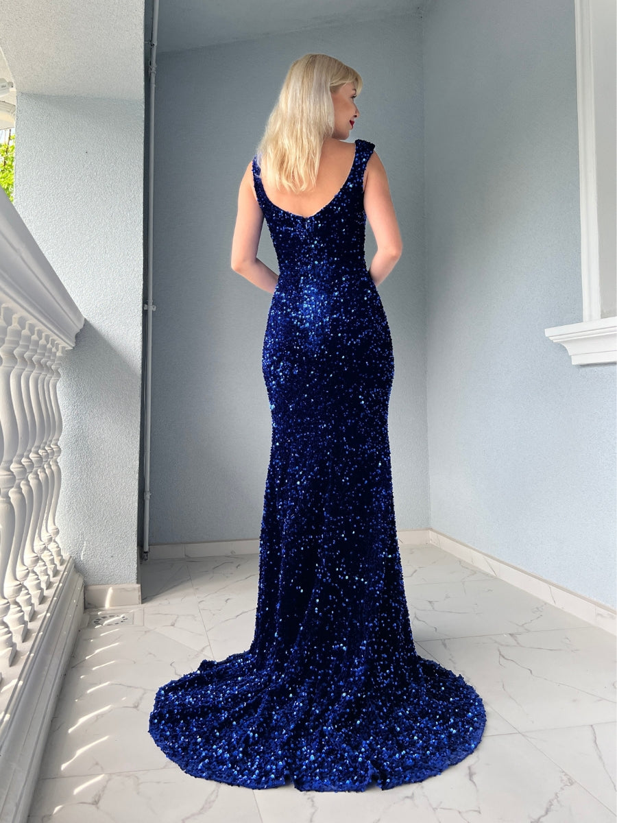 Velvet Sequin Slit V Neck Mermaid Prom Dresses