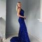 Velvet Sequin Slit V Neck Mermaid Prom Dresses