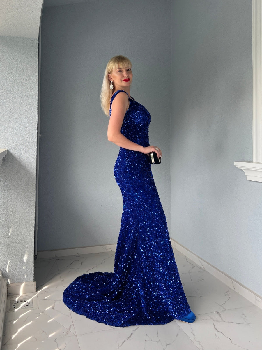 Velvet Sequin Slit V Neck Mermaid Prom Dresses