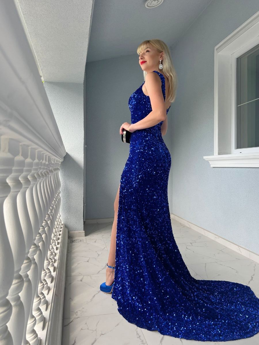 Velvet Sequin Slit V Neck Mermaid Prom Dresses