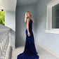 Velvet Sequin Slit V Neck Mermaid Prom Dresses