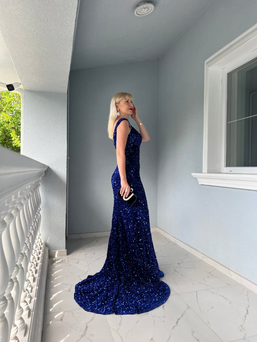 Velvet Sequin Slit V Neck Mermaid Prom Dresses