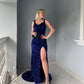Velvet Sequin Slit V Neck Mermaid Prom Dresses