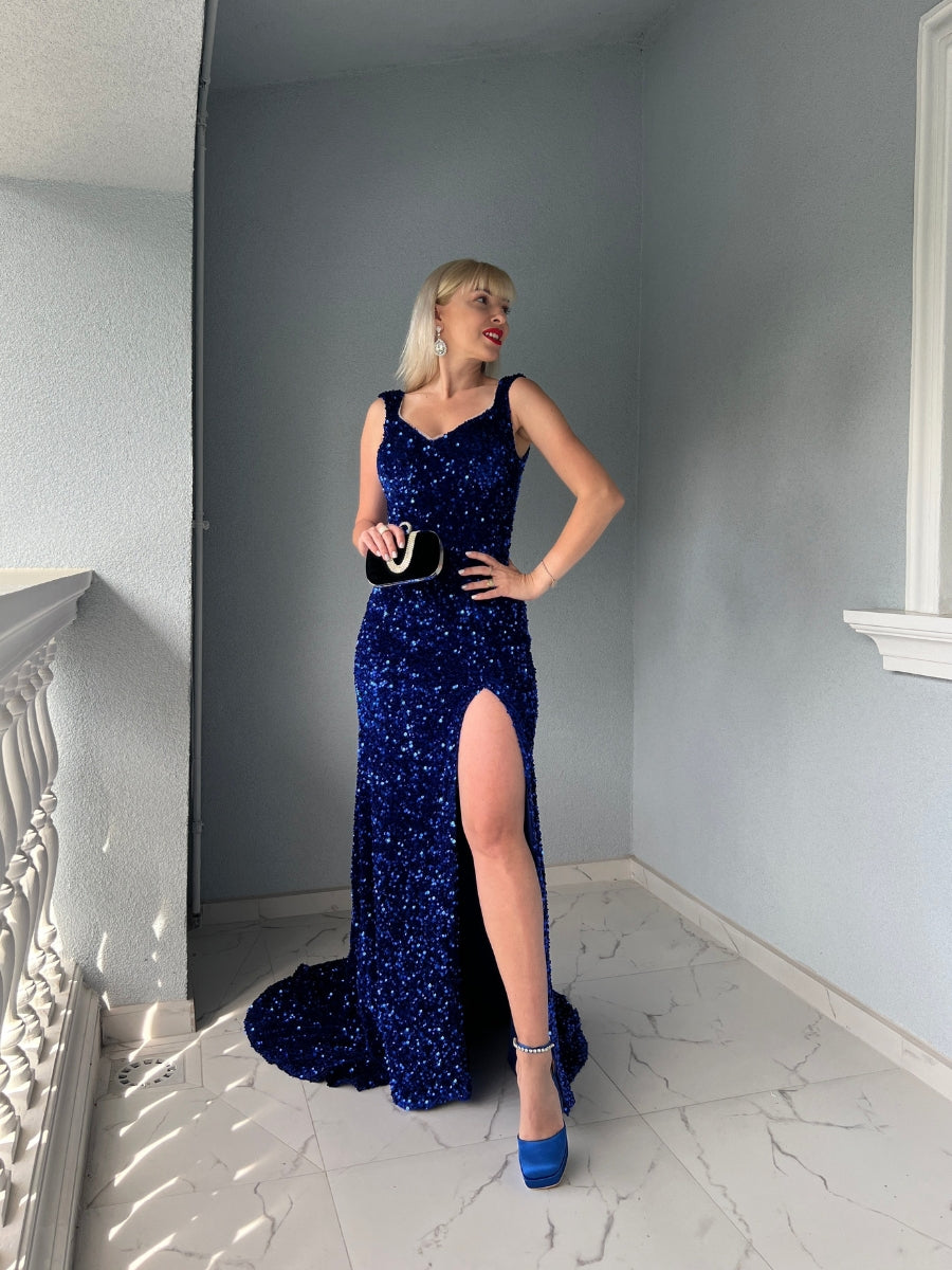 Velvet Sequin Slit V Neck Mermaid Prom Dresses