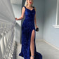 Velvet Sequin Slit V Neck Mermaid Prom Dresses