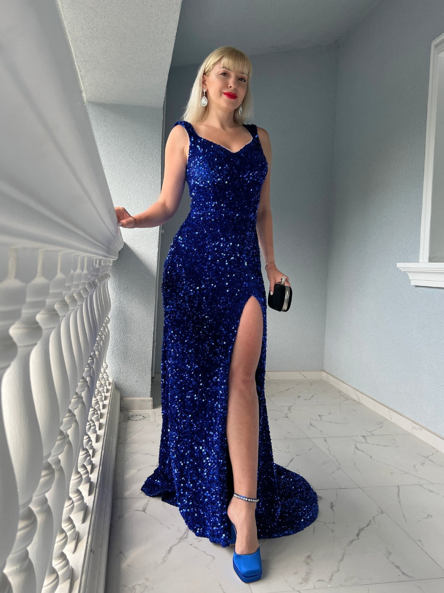 Velvet Sequin Slit V Neck Mermaid Prom Dresses