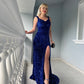 Velvet Sequin Slit V Neck Mermaid Prom Dresses